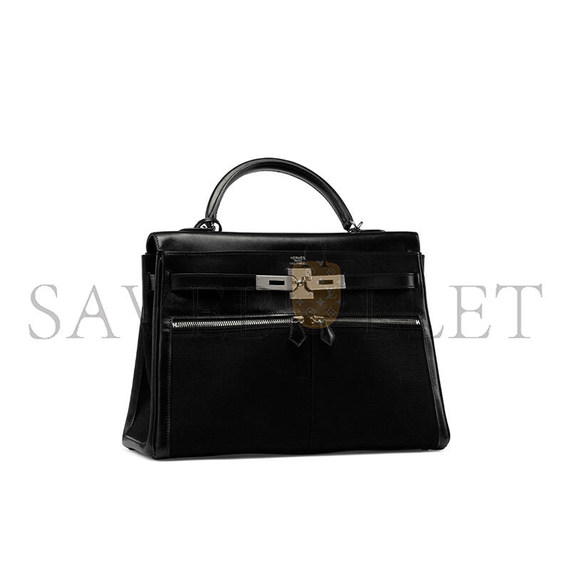 HERMÈS MASTER A BLACK SWIFT LEATHER & CANVAS KELLY LAKIS 32 WITH PALLADIUM HARDWARE (32*23*10cm) 